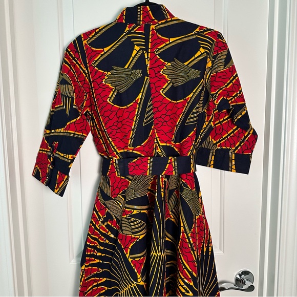 Grass-Field Button Down Dress Red Navy Bird Palm size UK14, US 10 - Picture 2 of 12